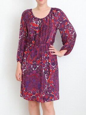 Trina Turk 2 XS / S 100% Silk Purple Floral A-Line Dress Balloon Sleeve‎ Shirred